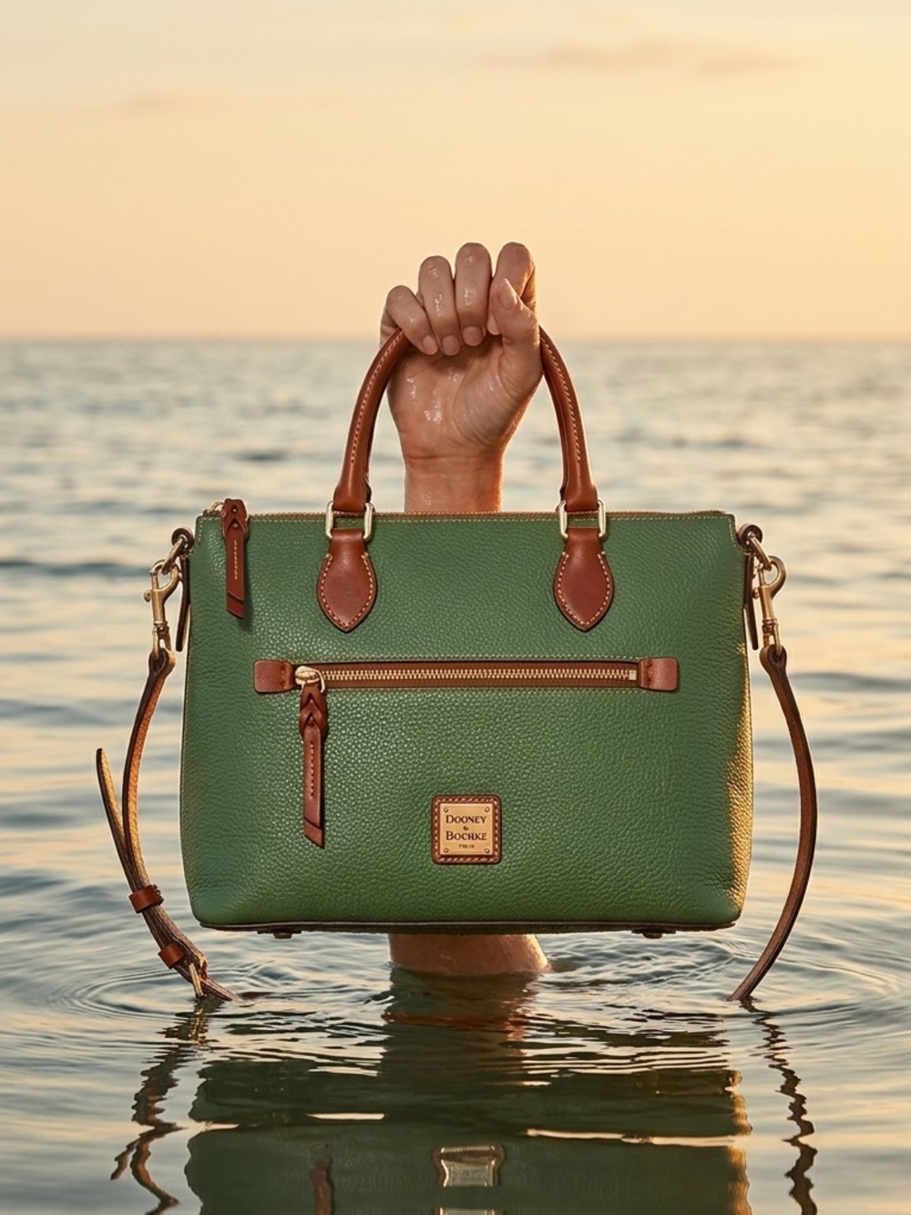 Dooney & Bourke Green Leather Tote with Brown Trim